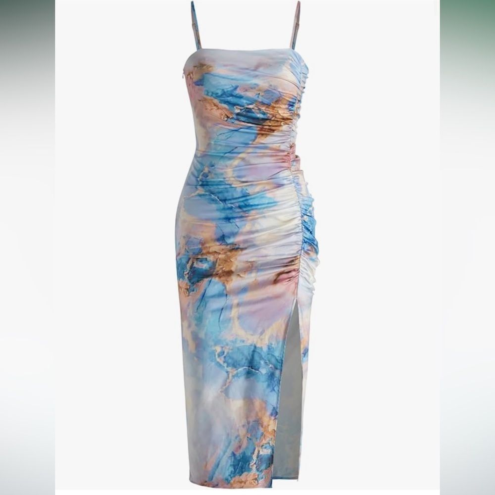 Cider Blue Marble Ruched Maxi Dress XL | Side Slit Wedding Guest Dress